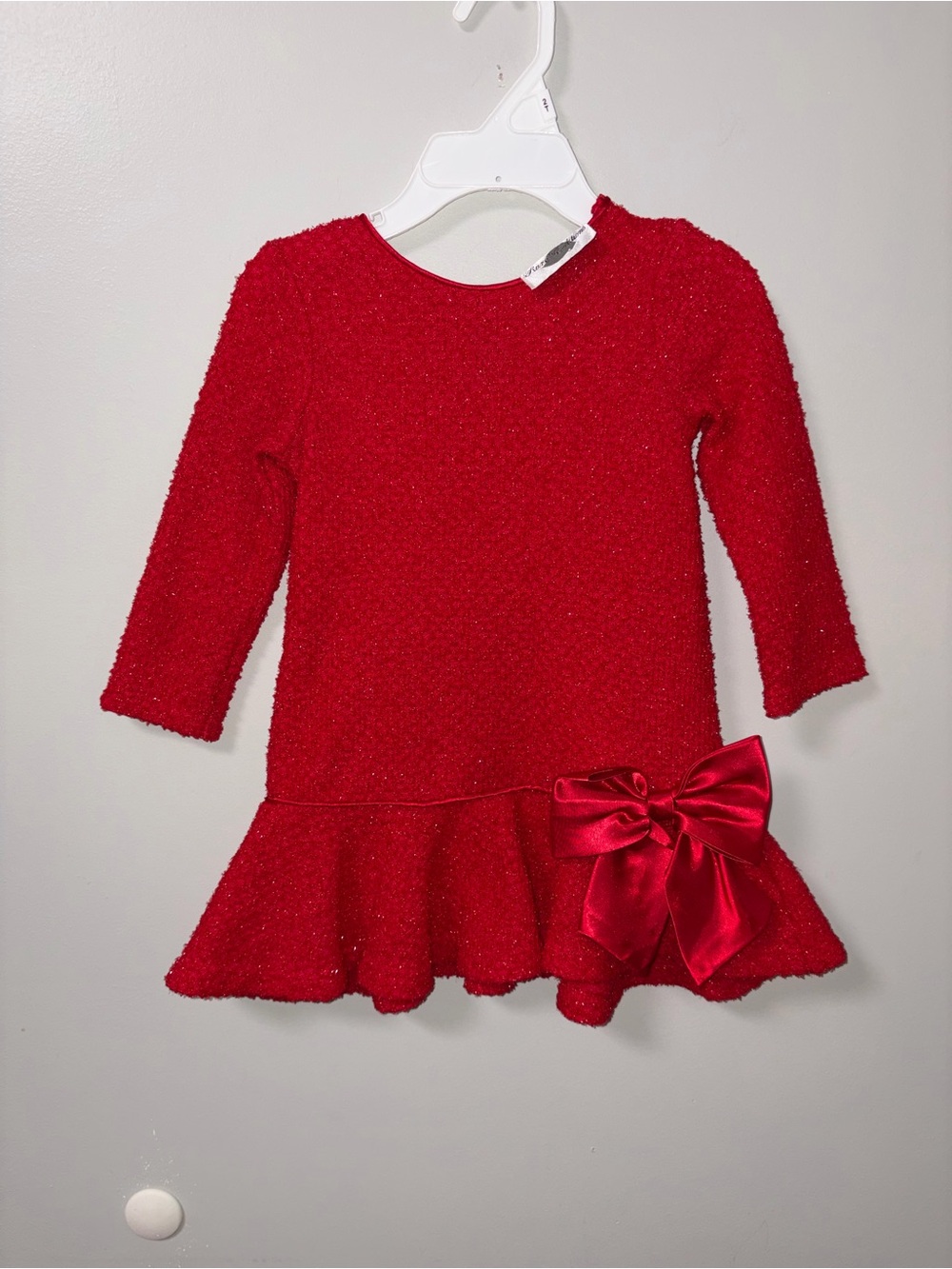 Rare Editions Red Stretchy Knit Glitter Sweater Dress Satin Bow Christmas 24M